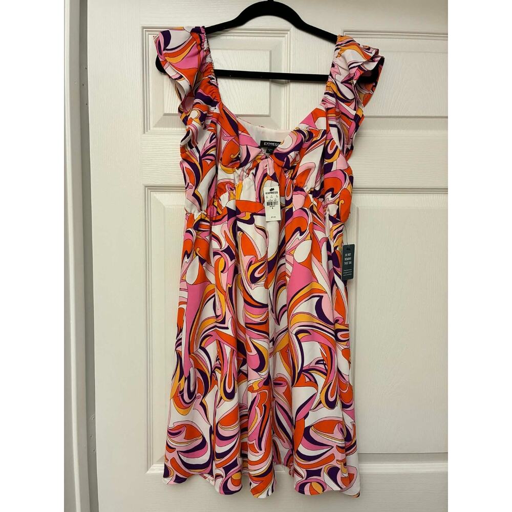 Express M Pink Orange Swirl Print Ruffle Strap Dress NWT